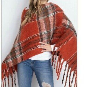 NEW! Plaid Fringe Poncho / Shawl Red, Black & White  So Cozy!!!